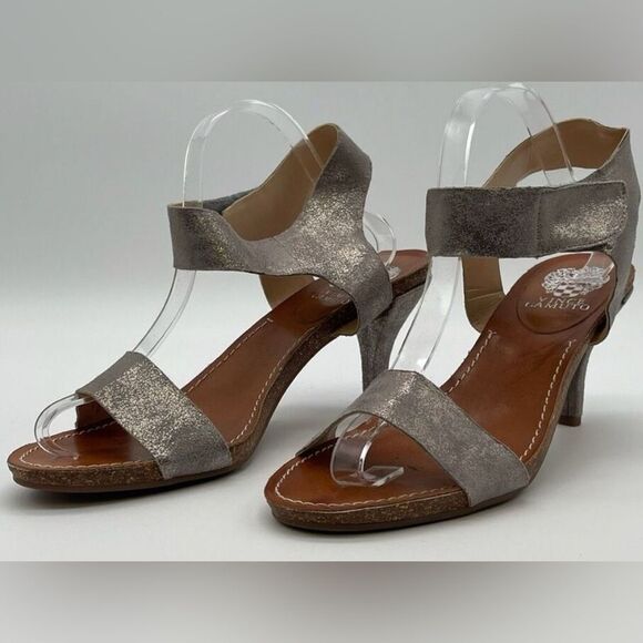 VINCE CAMUTO Heels Sz 10 Silver Taupe Metallic Glitter Ankle Strap Sandals Shoes - Picture 1 of 16